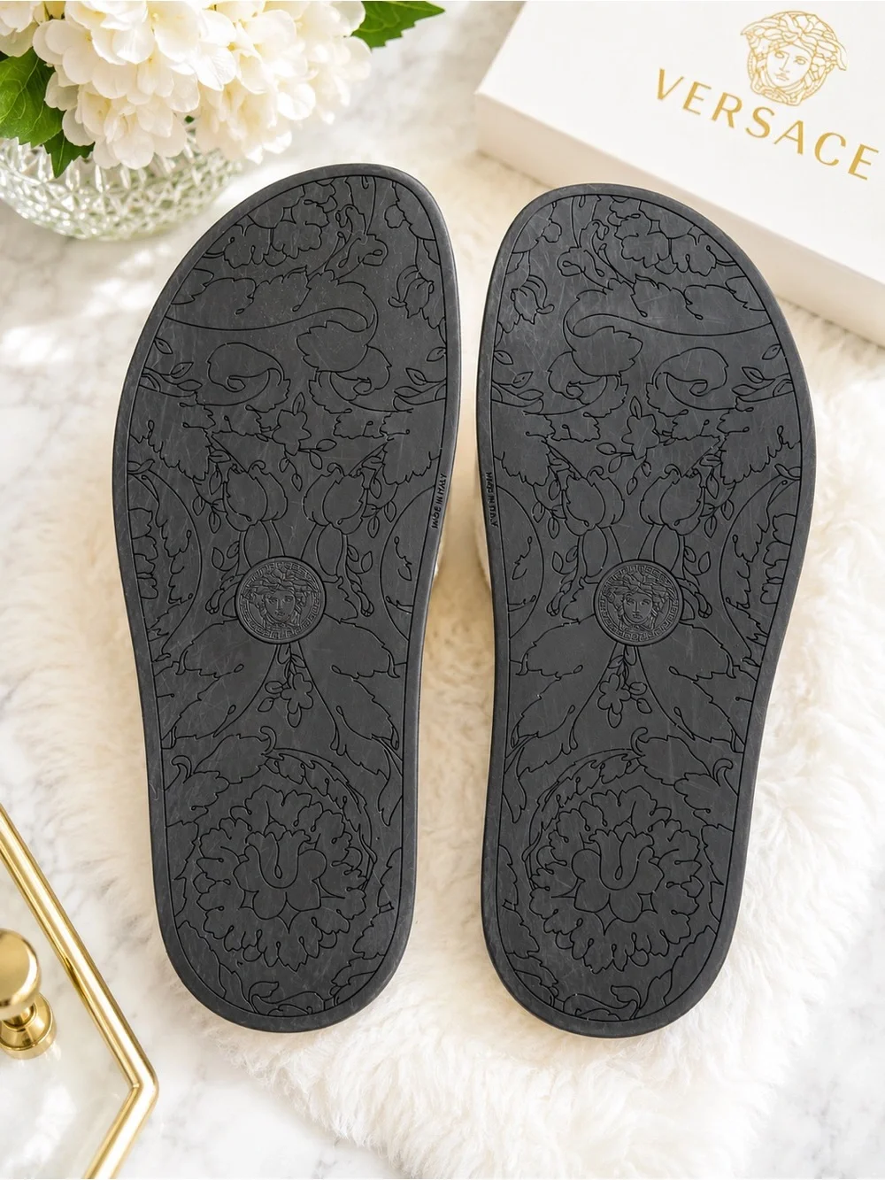 Versace Medusa Slide Sandals Black White Gold Men’s Size 8